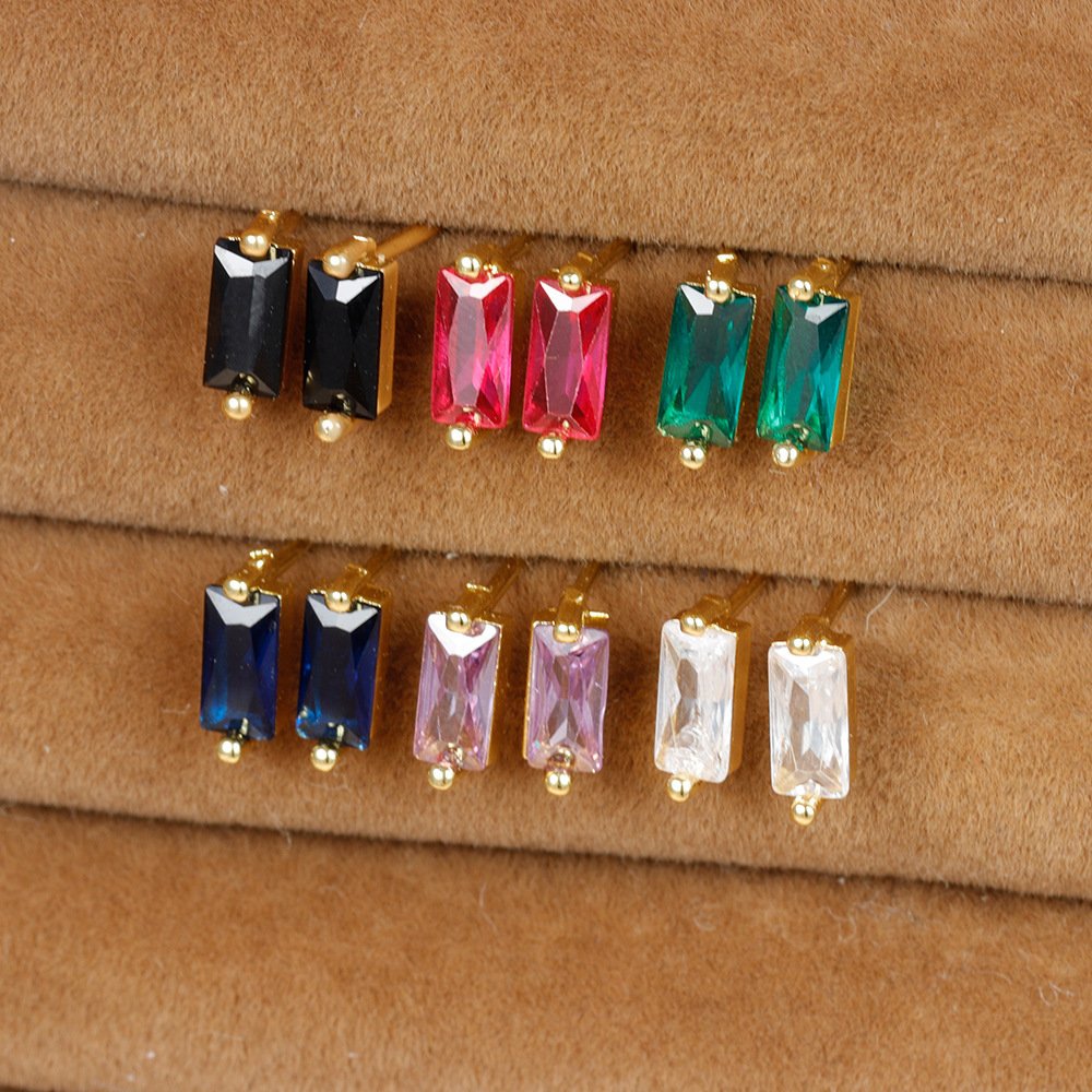 Simple Small Square Multicolor Zircon Silver Stud Earrings - Image 2