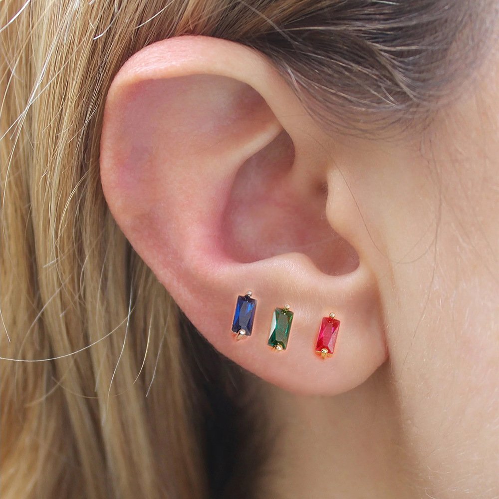 Simple Small Square Multicolor Zircon Silver Stud Earrings