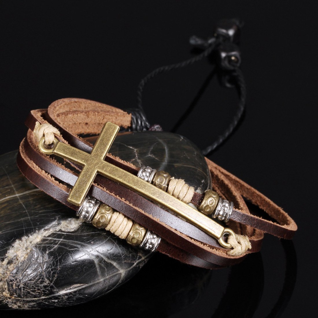 Multi-layer Woven Black Wooden Bead Vintage Leather Bracelet - Image 2