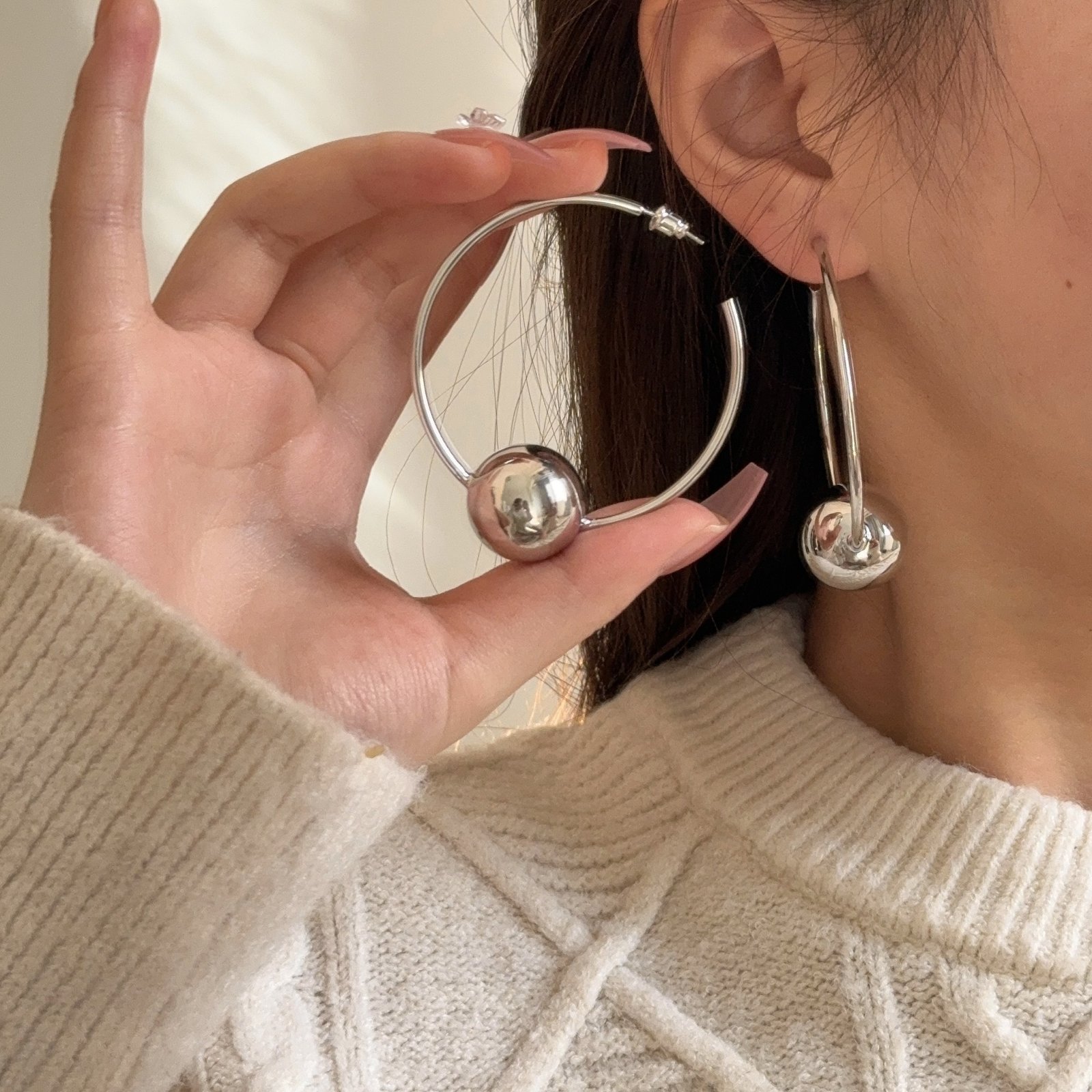 18K Brass Gold Plated Big Circle Ball Earrings - Image 3