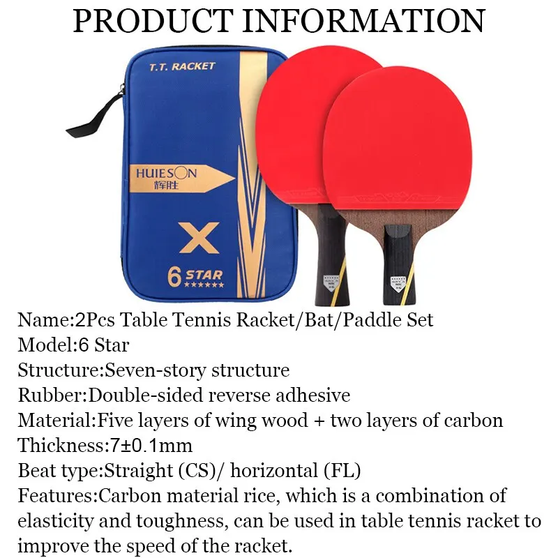 HUIESON 6 Star 2Pcs Carbon Table Tennis Set Super Powerful Ping Pong Raet Bat For Adult Club Training New Upgraded - Image 3