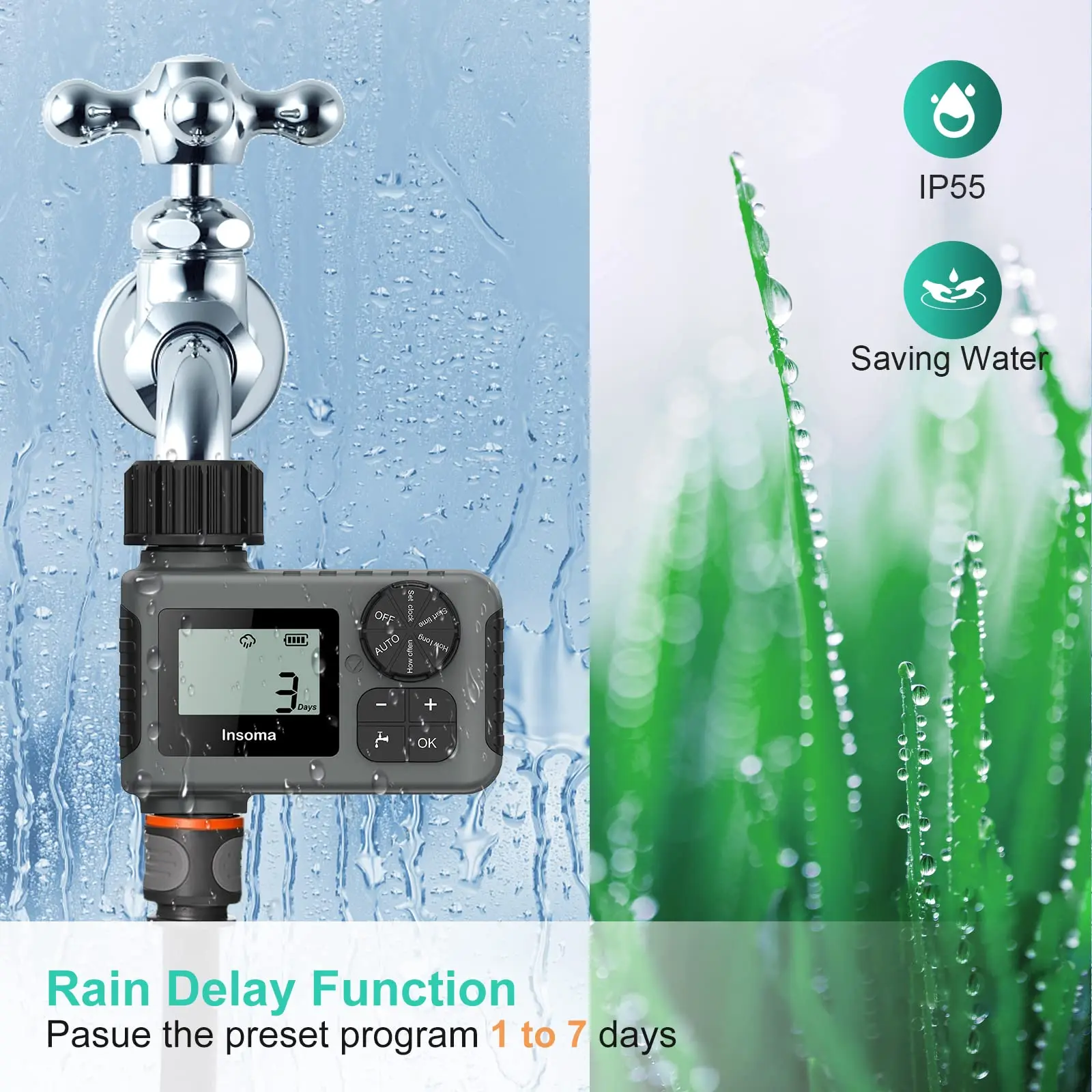 Insoma Automatic Water Timer Intelligent Irrigation Watering System Sprinkler Timer Garden Programmer Equipment IPX5 LCD Display - Image 5