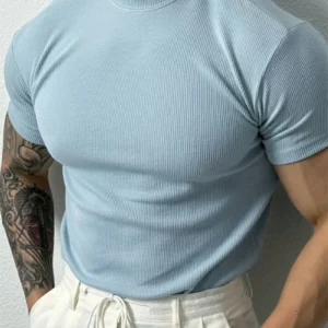 spring summer fashion Men's T-shirt Small high collar stripe shirt short sleeve fitness top leisure sport T-shirt Men sportswear