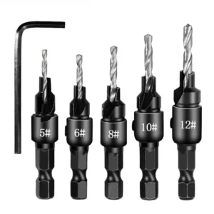 5pc Woodworking Tapper Hexagon Shank Screw Countersunk Drill Bit Taper Drill Hole Drilling and Reaming Hardware Tool Set